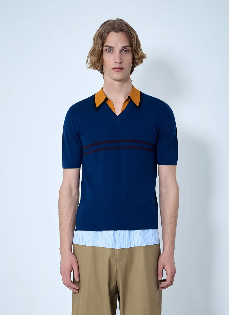 V-neck Contrast Collar Knit Polo Shirt