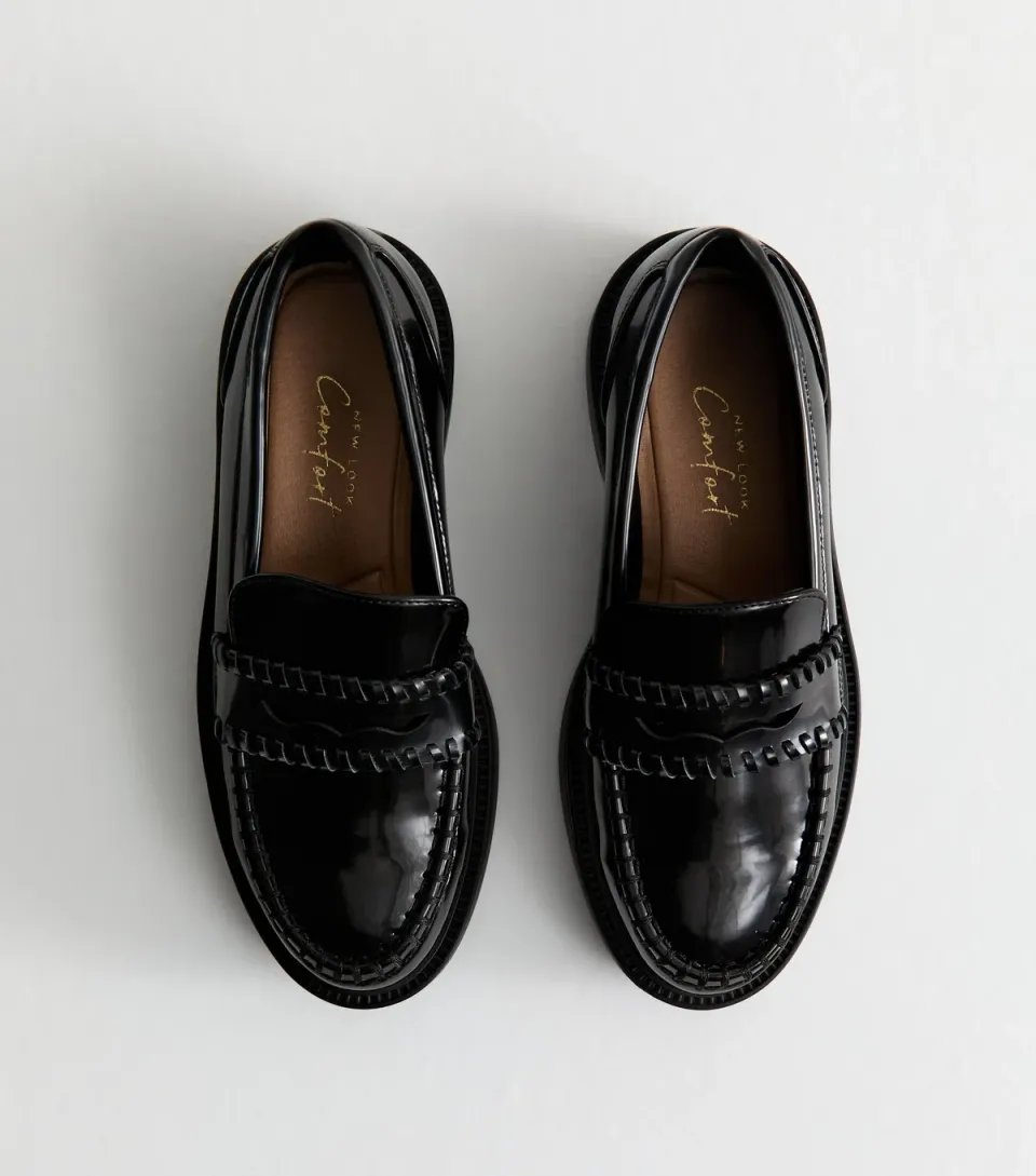 Women's Wide Fit Black Patent Chunky Loafers