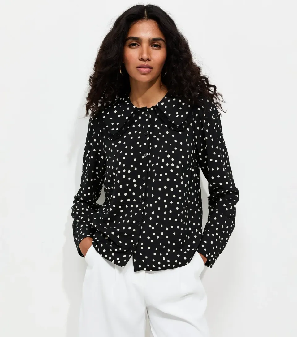 Women's Black Spot Print Lace Collar Shirt