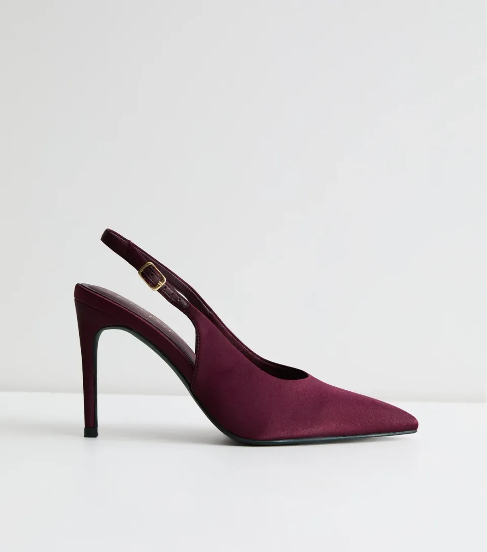 Women's Dark Burgundy Satin High Vamp Slingback Court Shoes Vegan