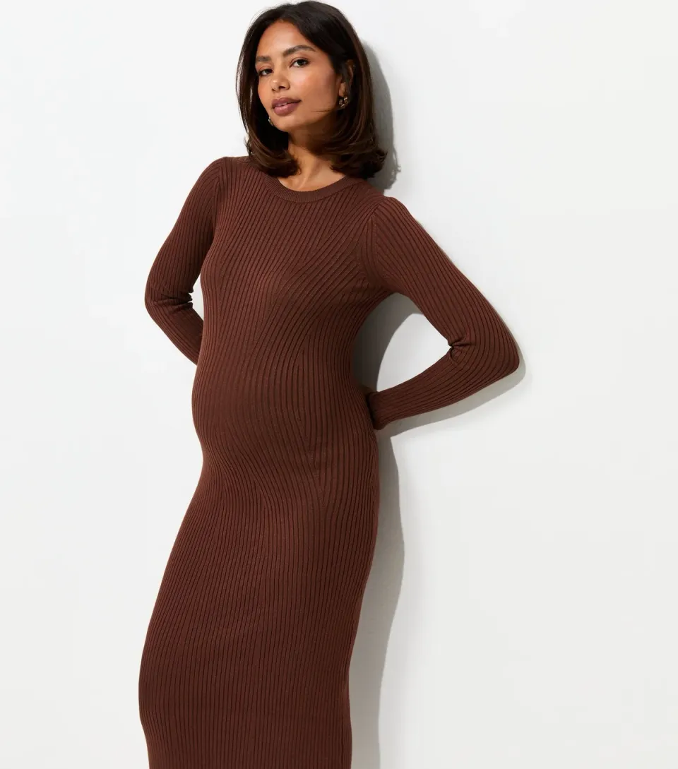 Women's Maternity Brown Lightweight Ribbed Knit Midi Dress
