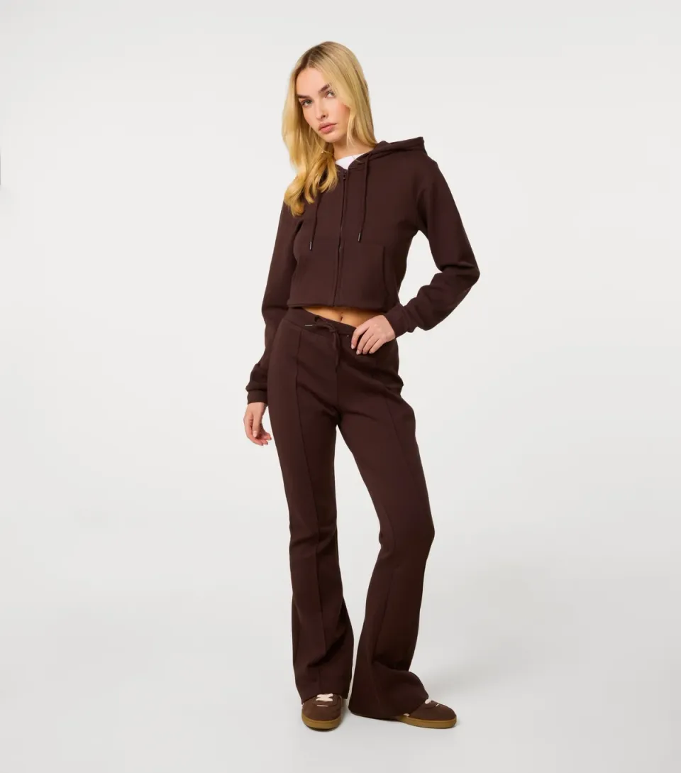 Women's Dark Brown Pin Tuck Jersey Flared Trousers
