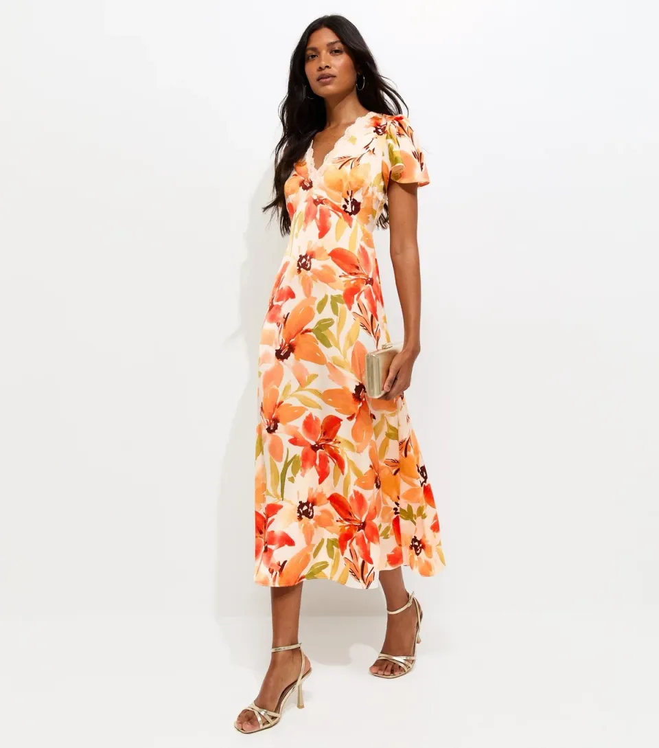 Women's Orange Floral Watercolour Short Sleeve Midi Dress