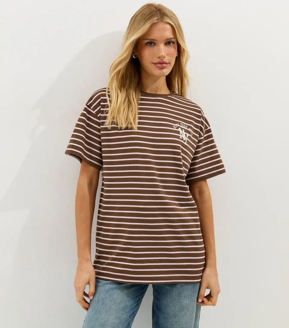 Women's Brown Striped Cotton New York City Logo T-Shirt