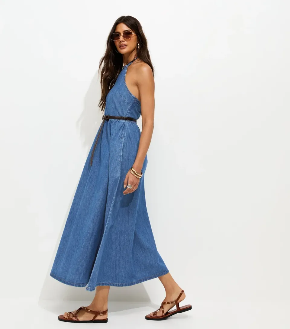 Women's Blue Denim Halterneck Midi Dress