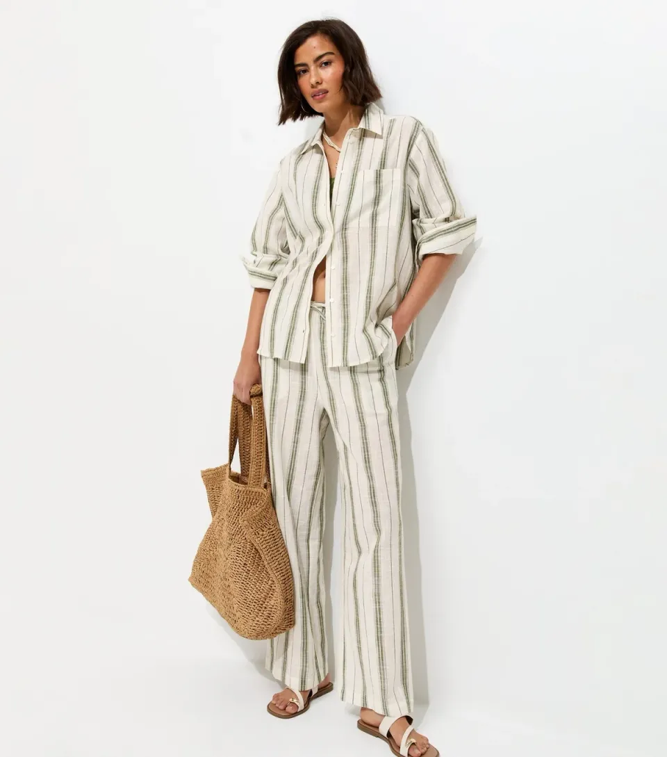 Women's Green Cotton Striped Wide Leg Trousers