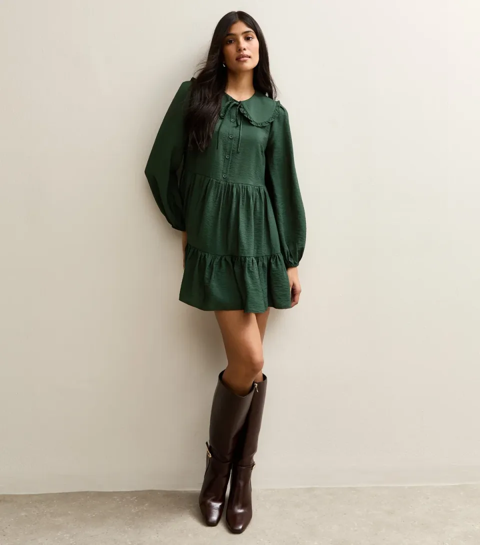 Women's Dark Green Oversized Collar Mini Smock Dress
