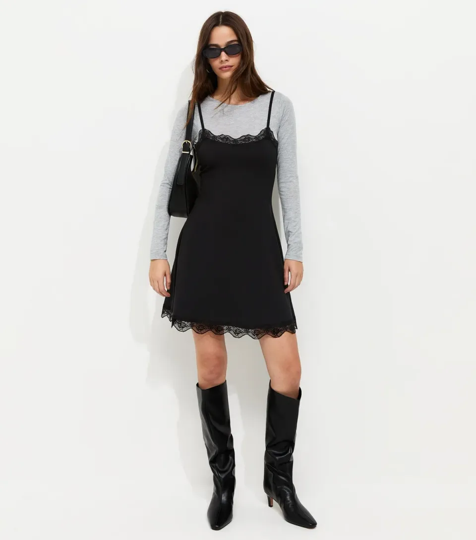 Women's Black 2in1 Lace Trim Layered Strappy Mini Dress