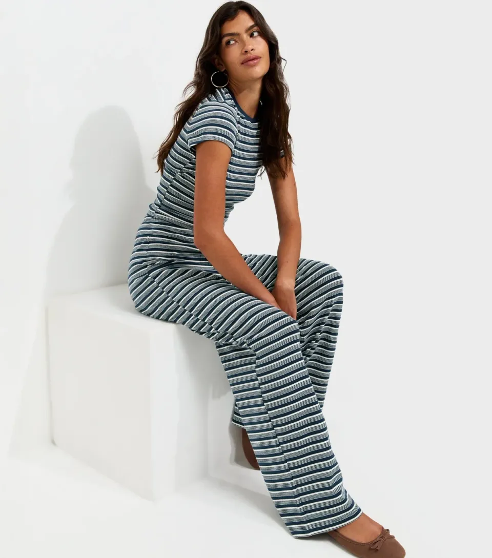 Women's Blue Cotton Rich Stripe Pattern Wide Leg Drawstring Trousers