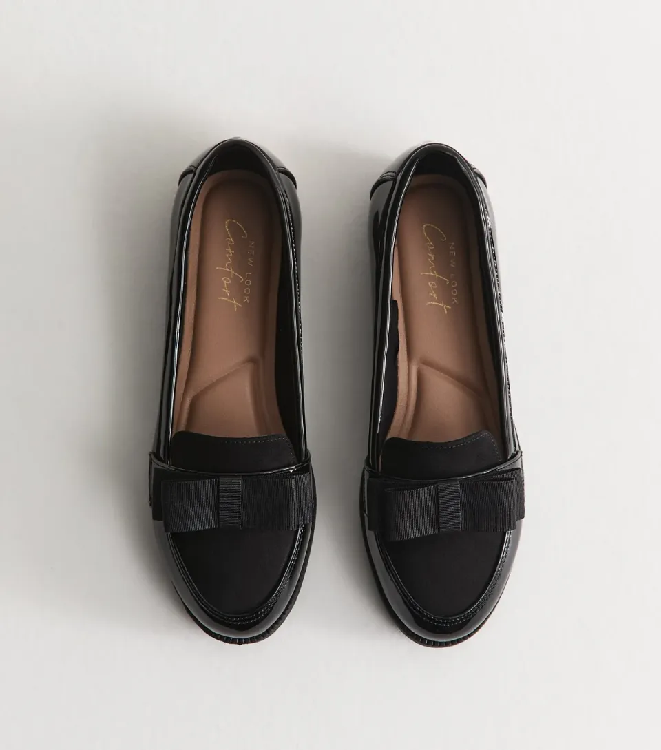 Women's Black Patent Faux Leather Hardware Detail Almond Toe Loafers Vegan