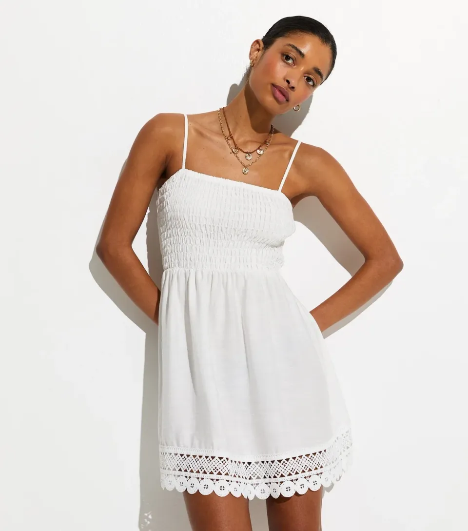 Women's White Lace Trim Shirred Mini Dress