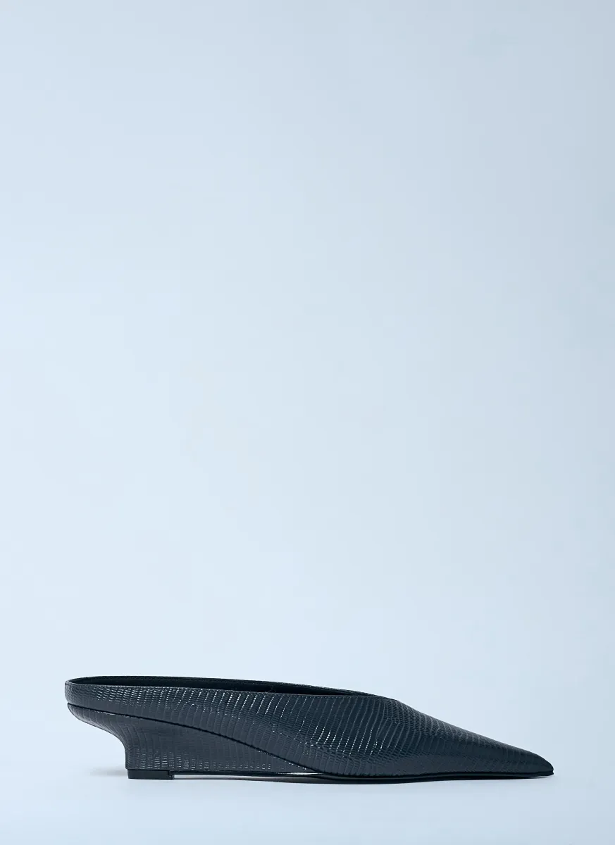 Sharp Lizard-Embossed Wedge Mules