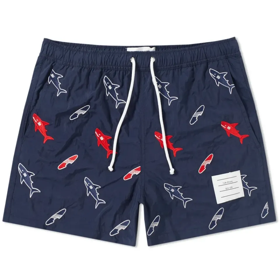 Embroidered Shark & Surfboard Swim Short