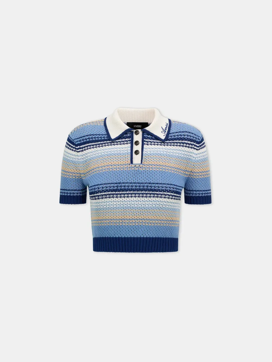 WOMEN - WOMEN'S STRIPED CROCHET MESH POLO - Blue