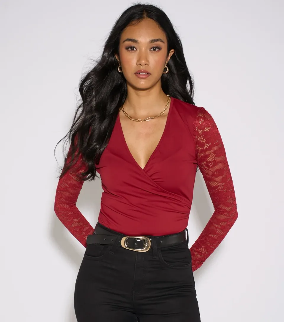 Women's Dark Red Lace Sleeves Top