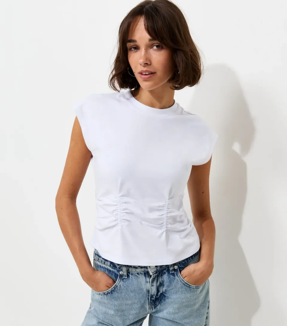 Women's White Cotton Rich Ruched Waist Cap Sleeve T-Shirt