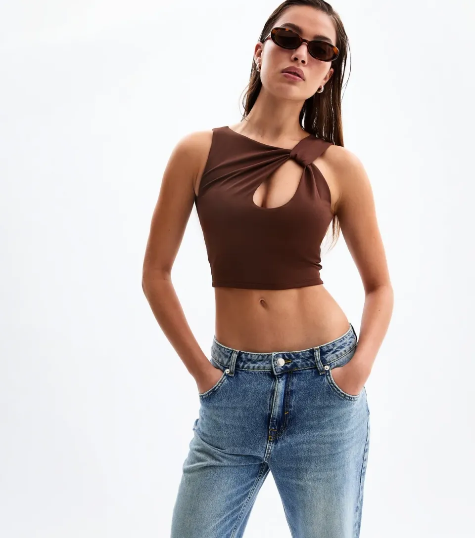Women's Brown Keyhole Asymmetric Cropped Top
