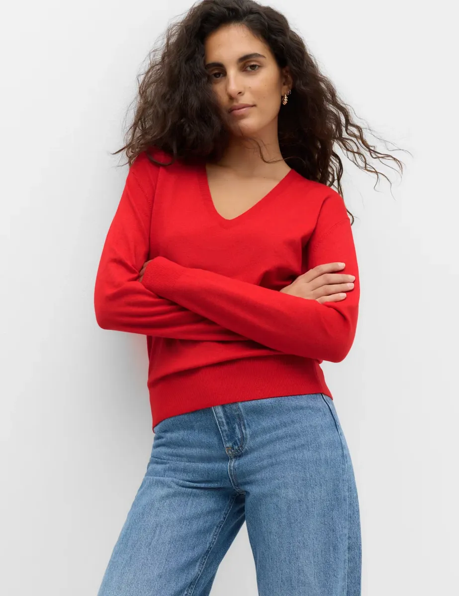 V Neck Relaxed Jumper with Wool Bright Red