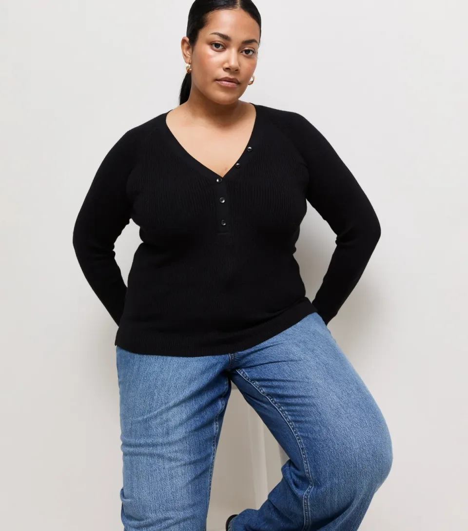 Women's Plus Size Black Lightweight Rib Henley Top Curves