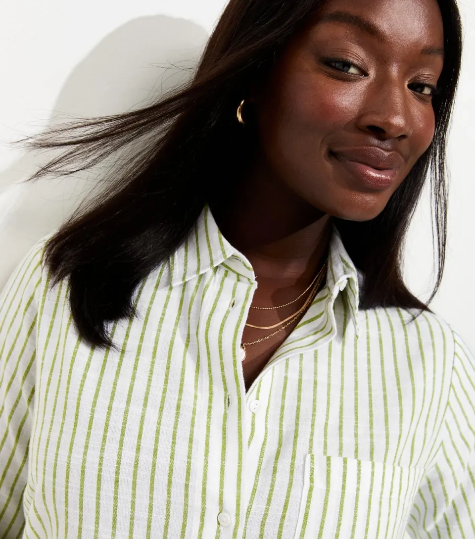 Women's Plus Size Green Cotton Striped Long Sleeve Shirt Curves