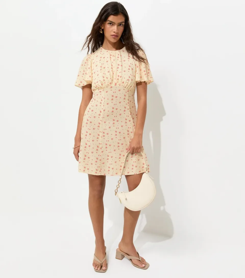 Women's Cream Woven Ditsy Print Flutter Sleeve Mini Dress