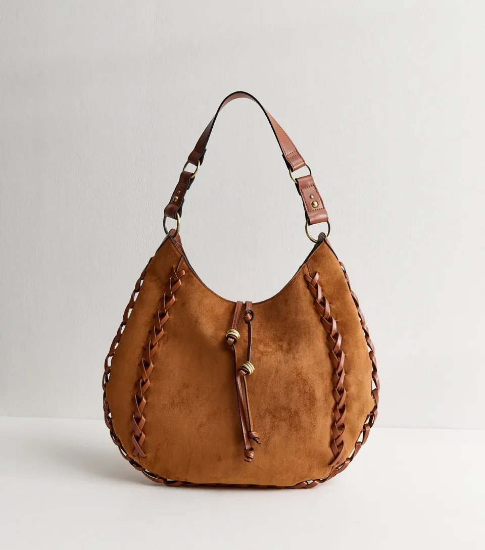 Tan Faux Suede Scooped Hobo Shoulder Bag