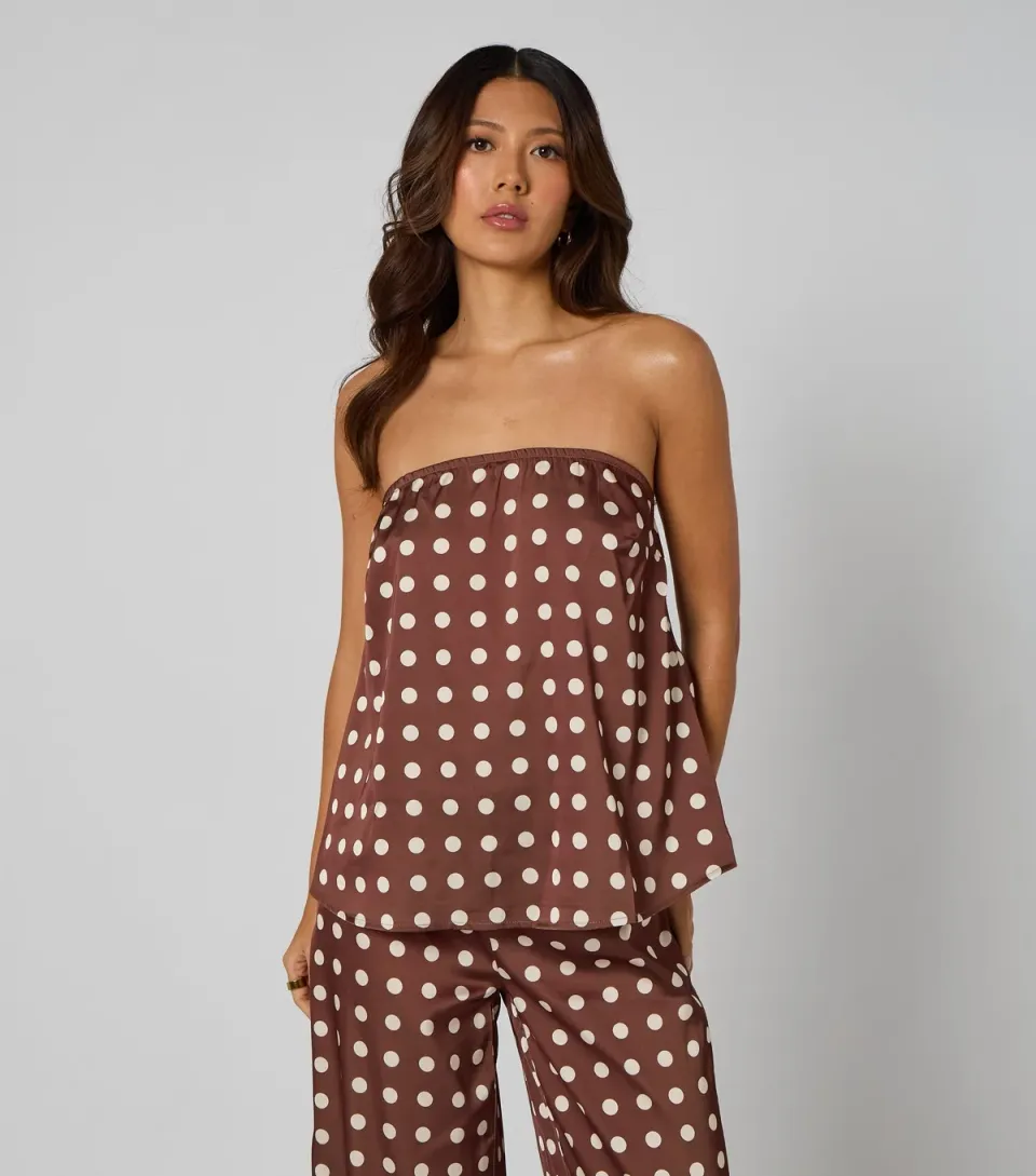 Women's Mid Brown Satin Polka Dot Bandeau Top