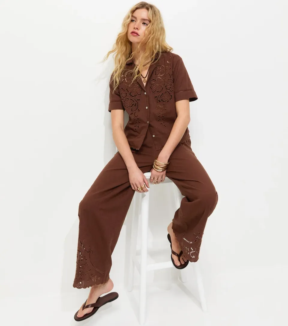 Women's Brown Wide Leg Broderie Wide Leg Trousers