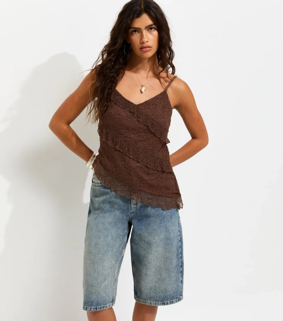 Women's Dark Brown Jersey Ruffle Asymmetric Lace Cami Top
