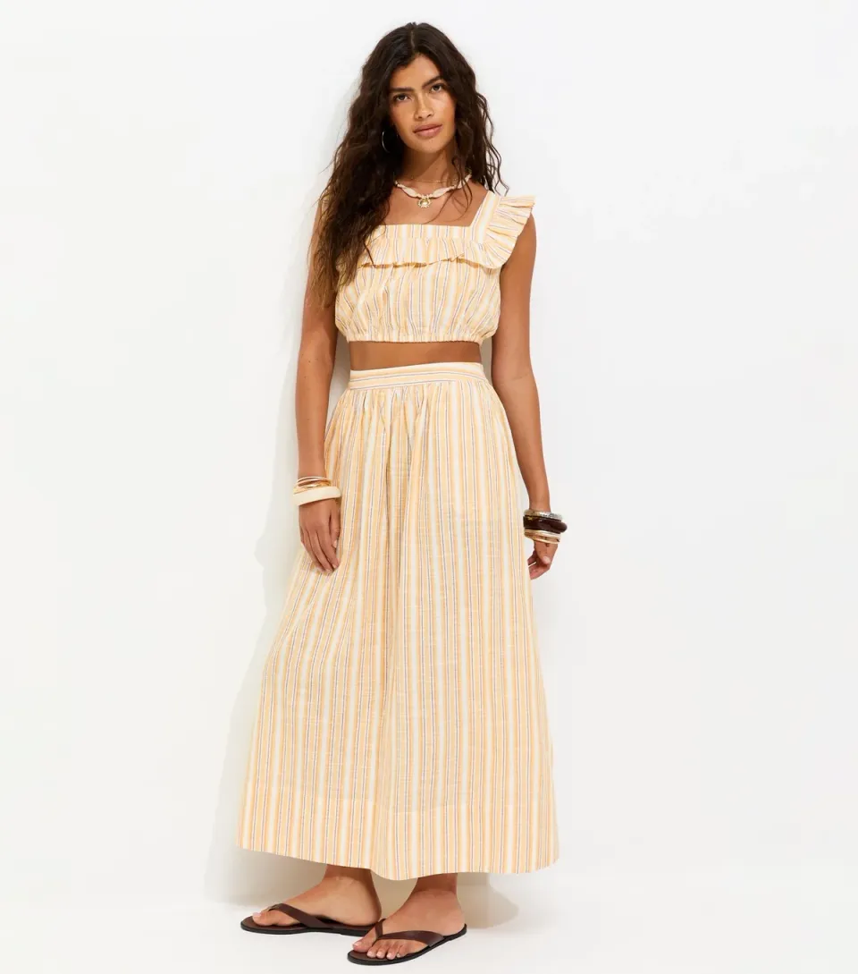 Women's Yellow Cotton Poplin Striped Circle Midi Skirt