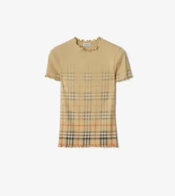 Gradient Check Stretch Cotton Top in Sand beige