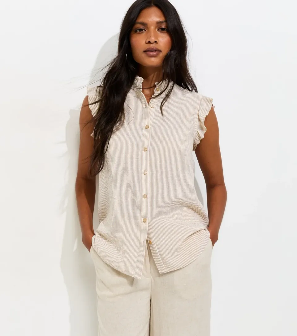 Women's Cream Cotton Striped Sleeveless Frill Shirt