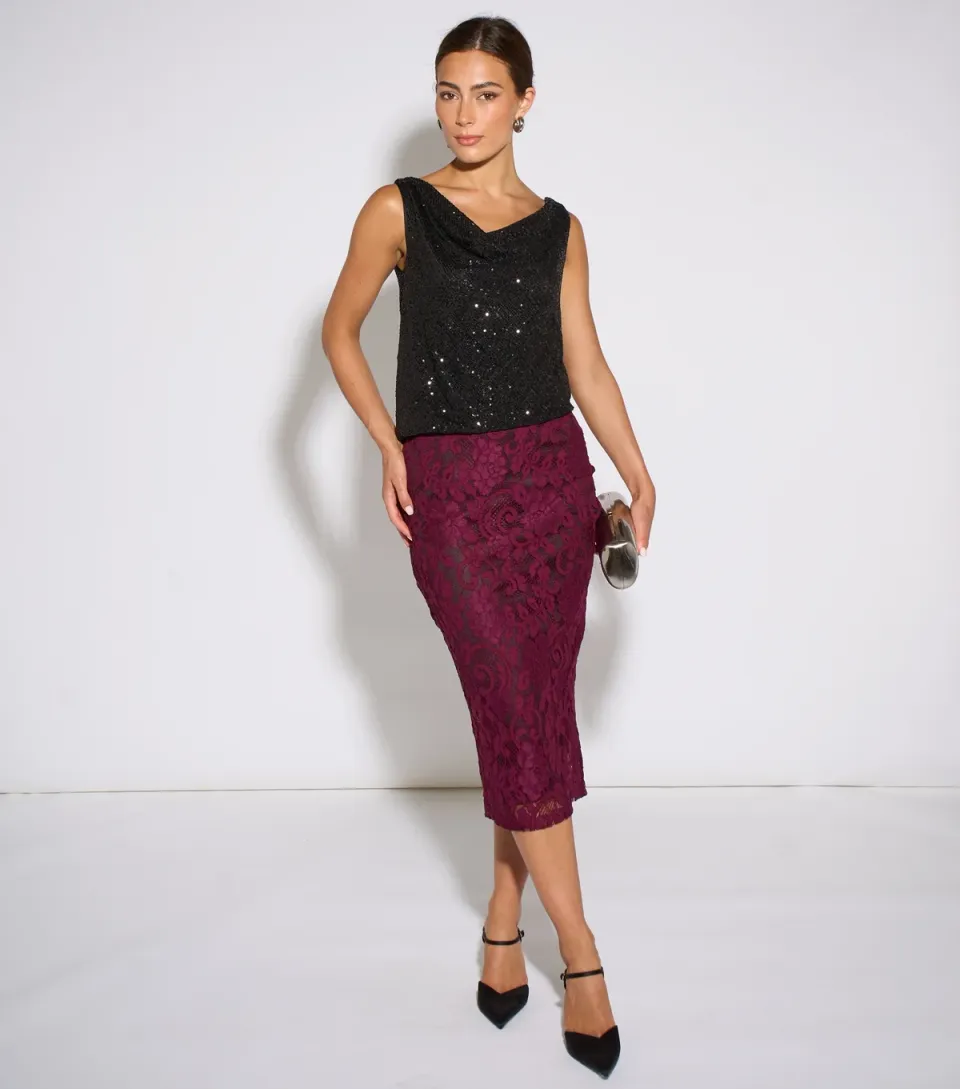 Women's Dark Burgundy Lace Pencil Skirt