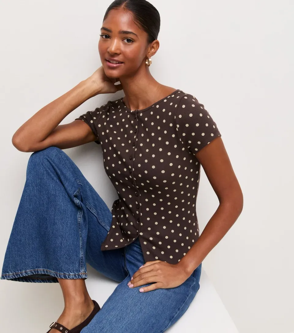 Women's Brown Cotton Rich Spot Print Button Front Baby Tee Top