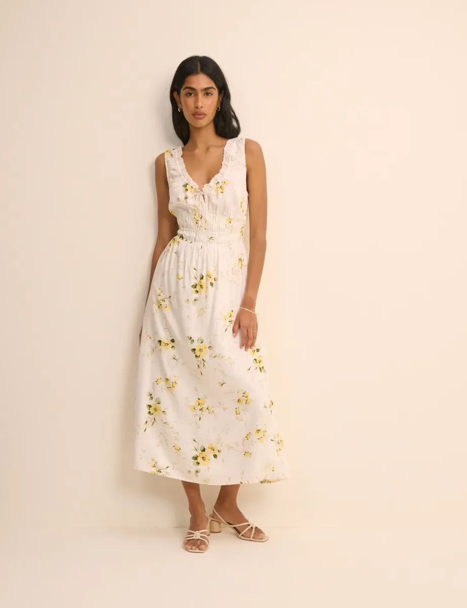 Floral V-Neck Lace Trim Midi Waisted Dress White Mix
