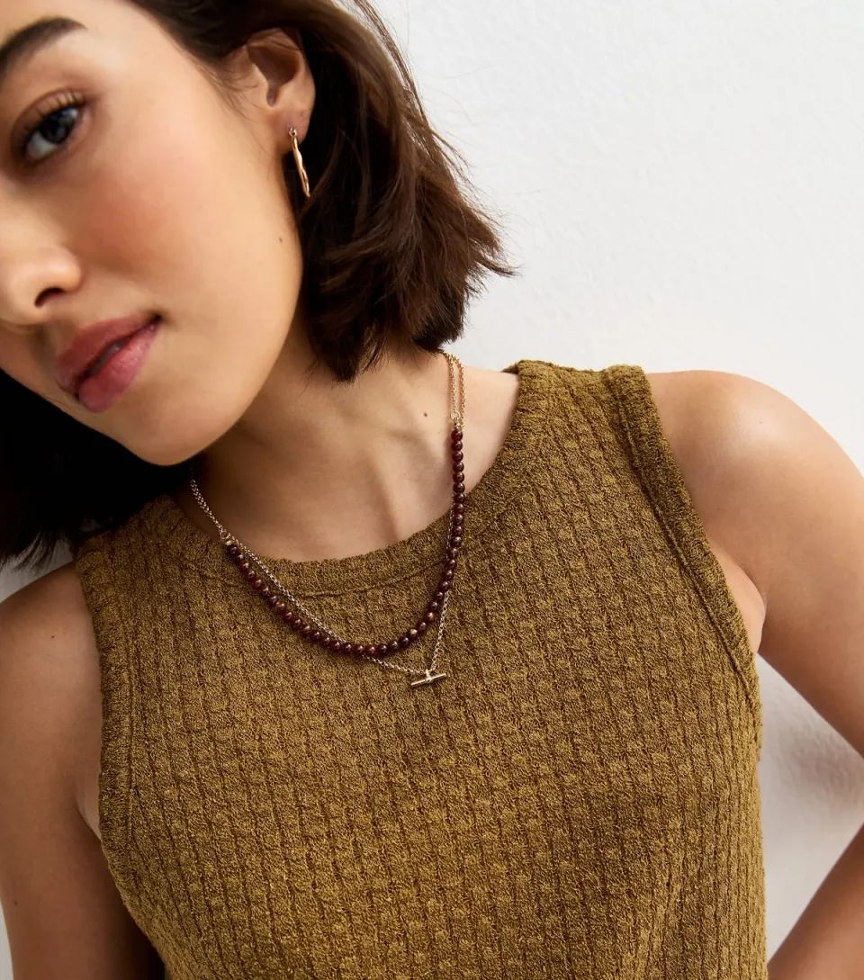 Women's Khaki Brown Soft Touch Textured Slit Hem Vest Top
