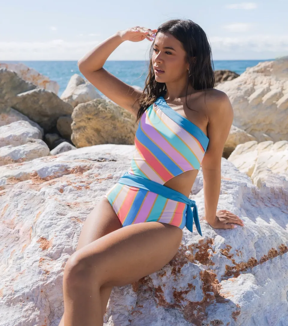 Women's Multicolour Striped One Shoulder Tie Swimsuit