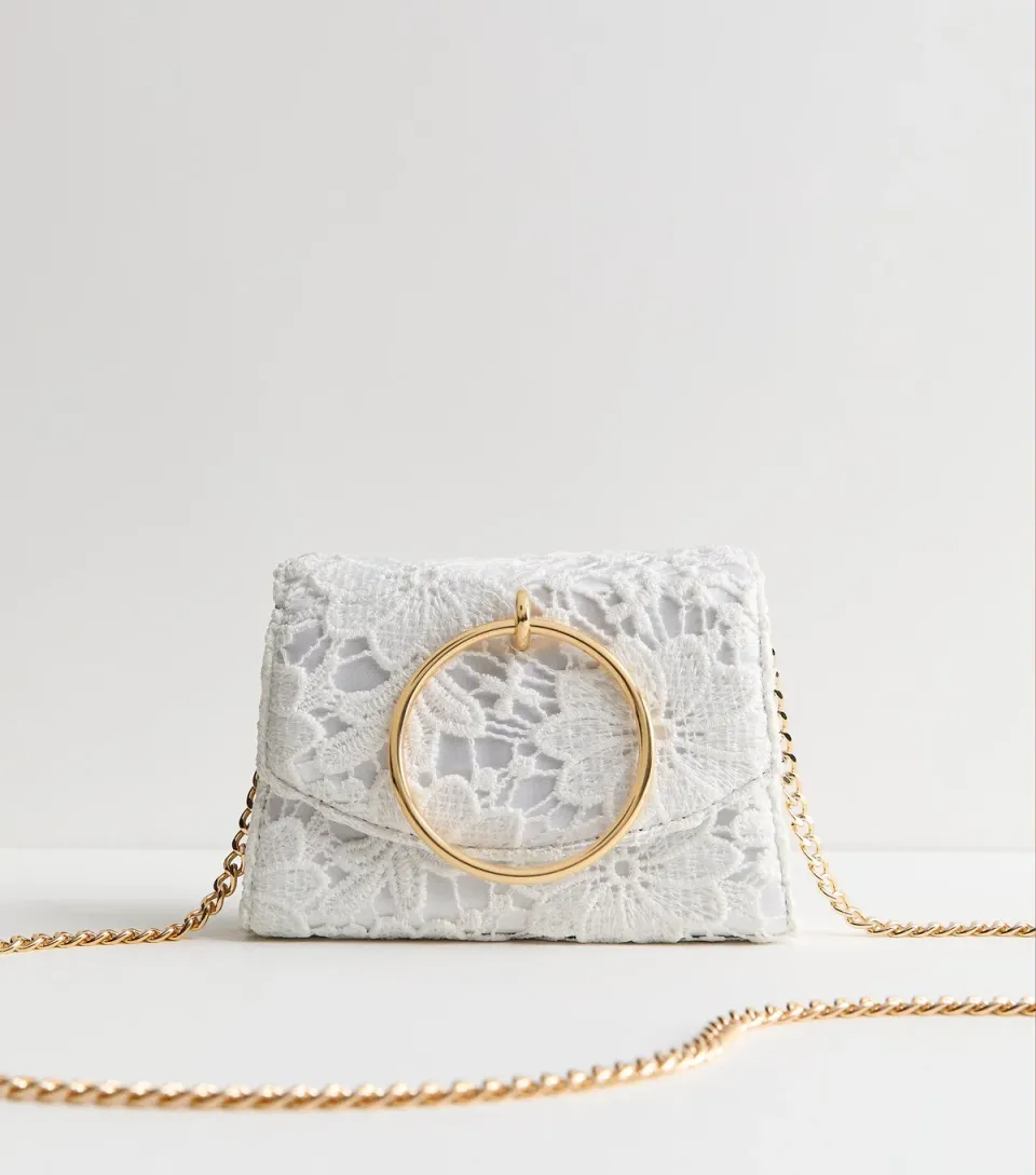 White Broderie Anglaise Ring Handle Crossbody Bag