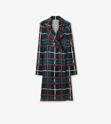 Belt Check Viscose Trench Dress in Petrol blue