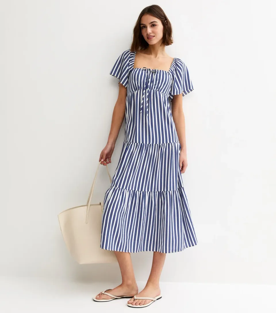 Women's Blue and White Crepe Stripe Tiered Midi Dress