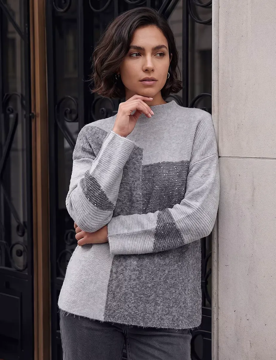 Colour Block Knit Jumper Grey Mix