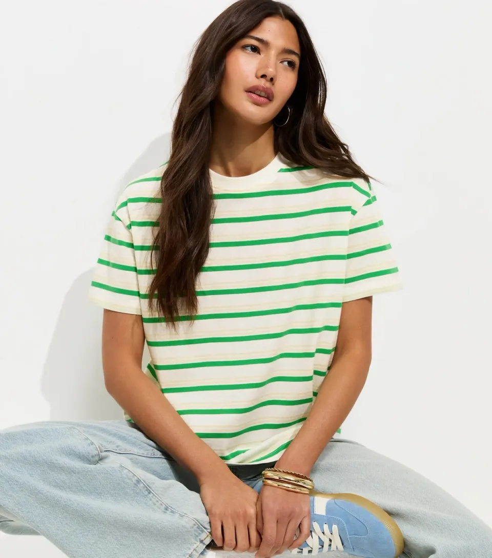 Women's Green Cotton Striped Boxy T-Shirt