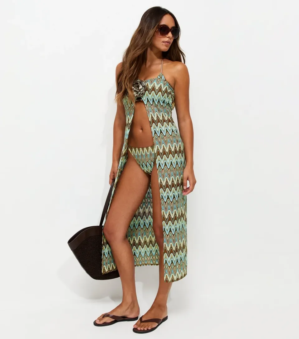 Women's Blue Zig Zag Crochet Knit Beach Top