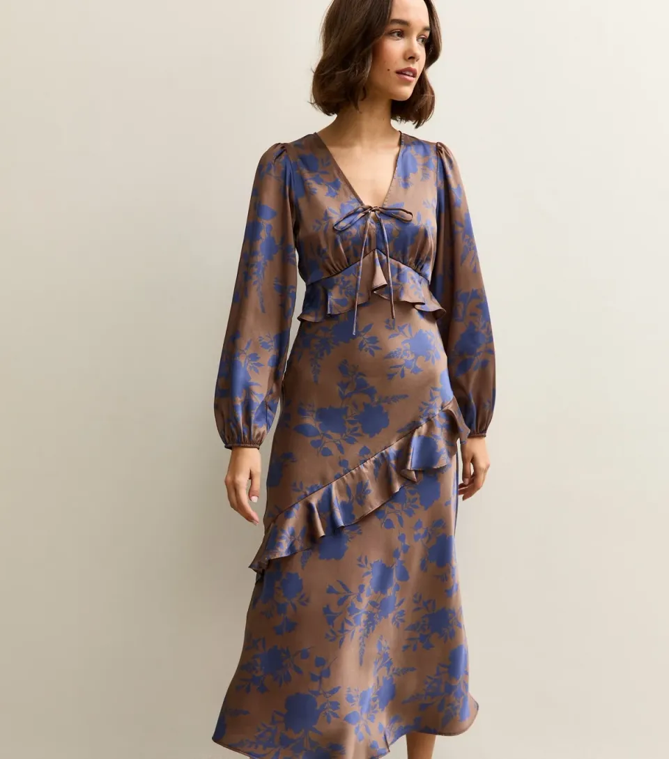 Women's Brown Floral Satin Ruffled Midi Dress