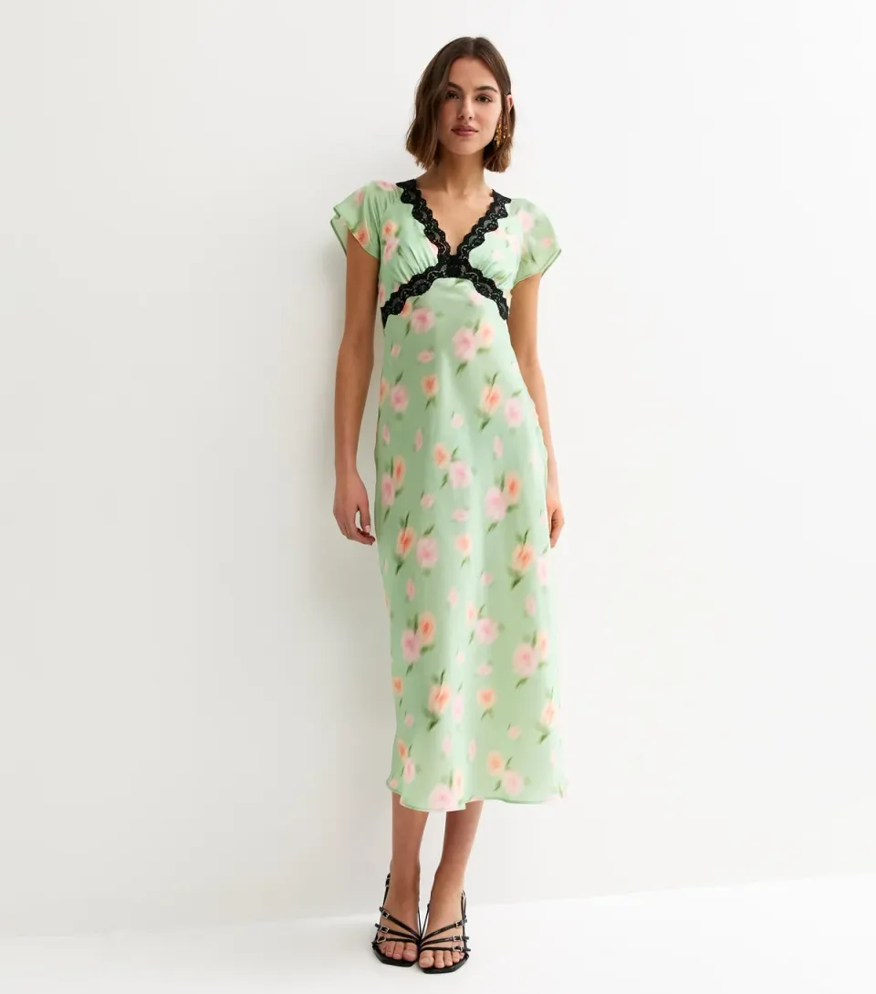 Women's Light Green Blur Floral Lace Trim Midi Dress