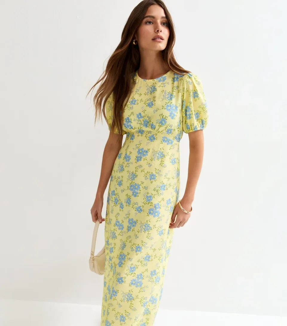 Women's Light Yellow Floral Pattern Crew Neck Midi Dress