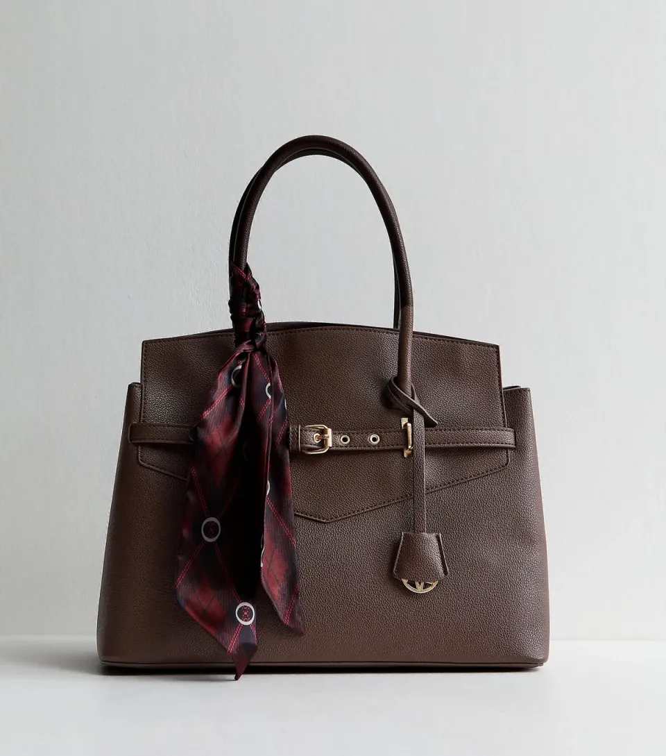 Brown Faux Leather Belted Scarf Trim Tote bag Vegan