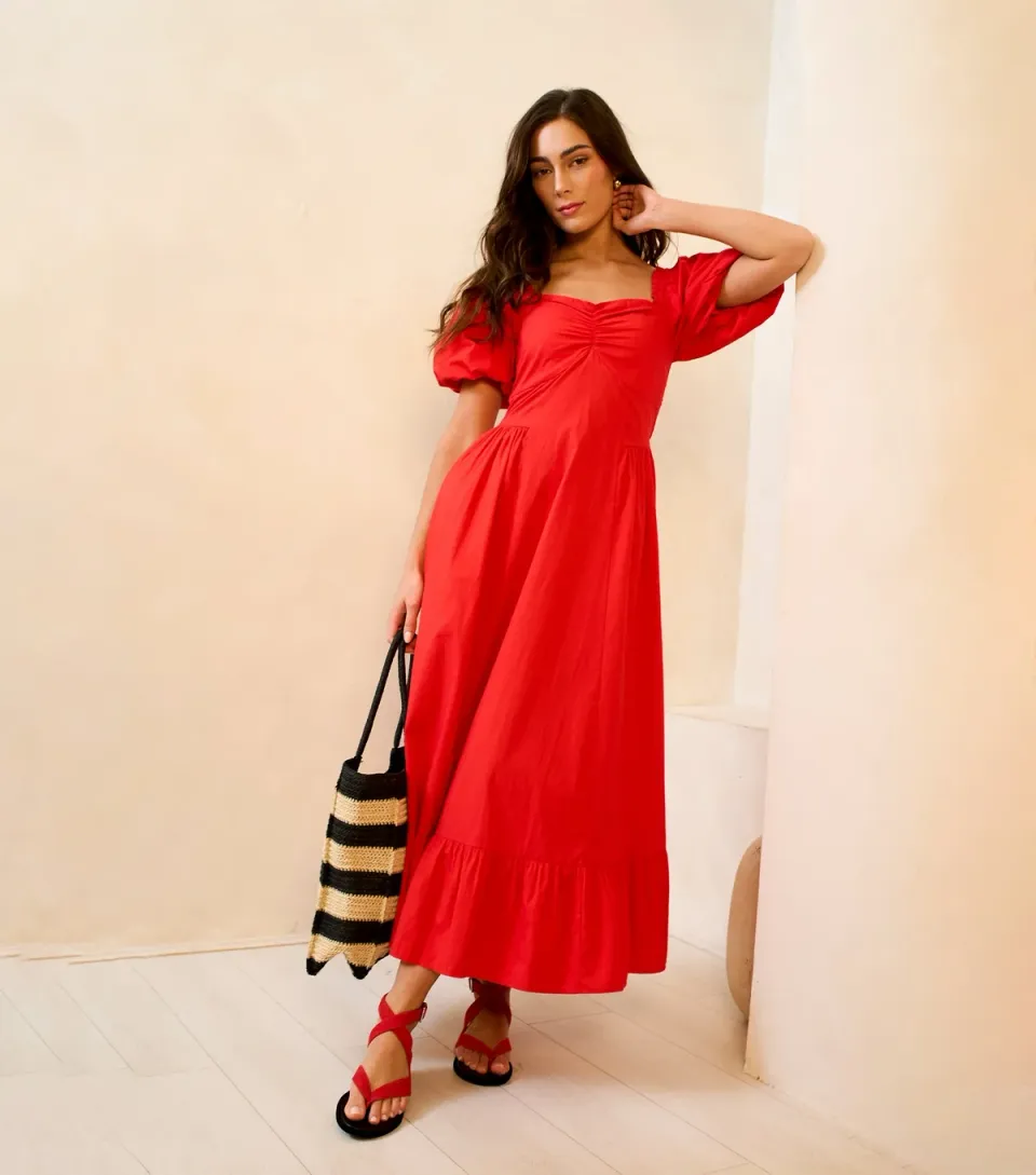 Women's Bright Red Puff Sleeves Midi Dress