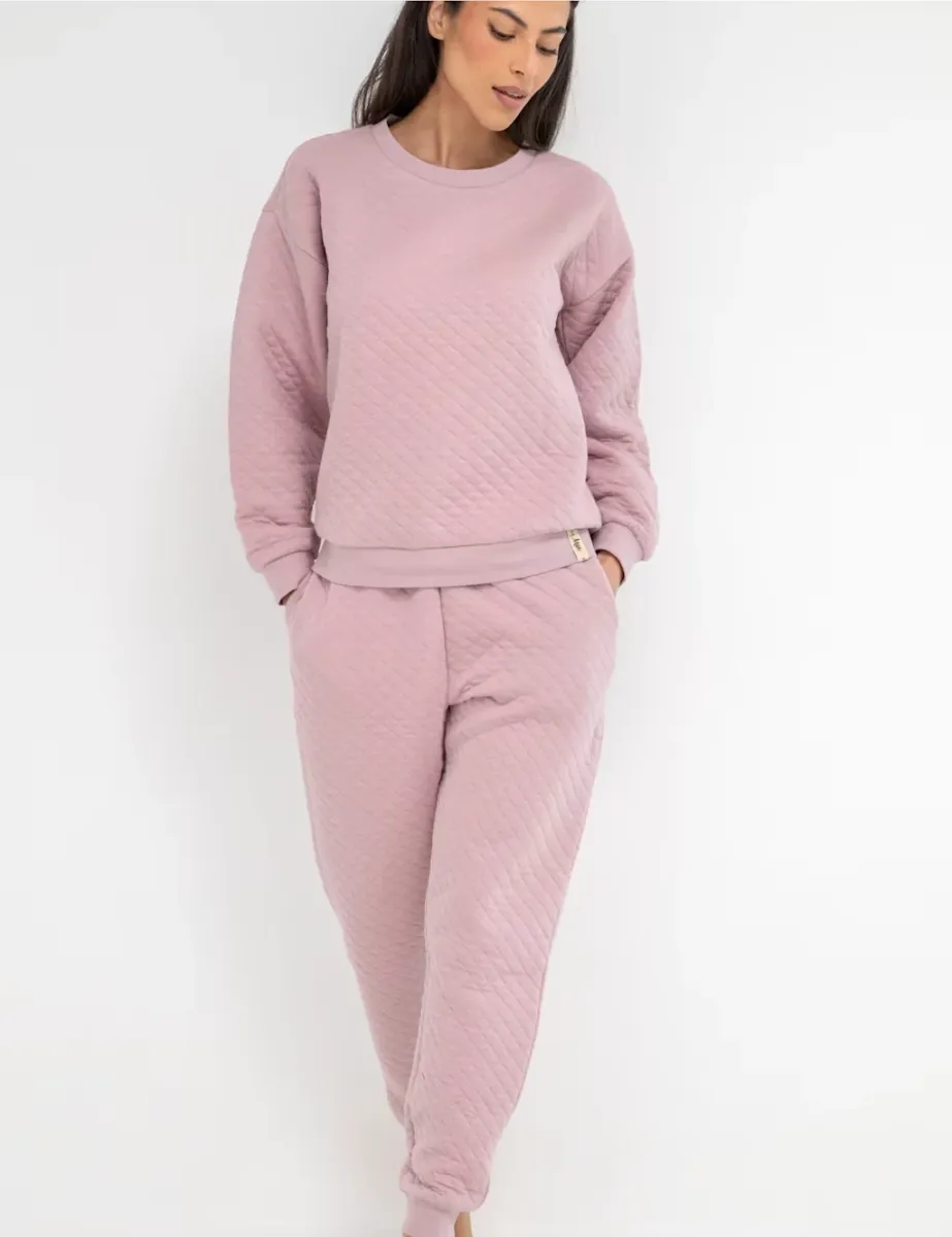 Cotton Rich Quilted Sweatshirt & Joggers Set Mauve
