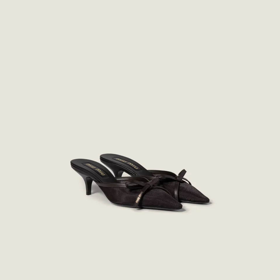 Mesh fabric heeled mules